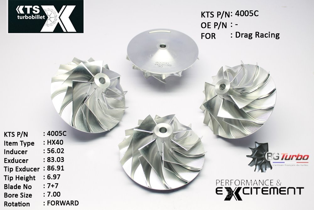 Turbo ROUE FORGÉE MFS PERFORMANCE - 7+7 PALES - INDUCER : 56,02 - EXDUCER : 83,03 - TYPE : HX40ANGLE : 60° - ROTATION : Forward - SUPER BACK : 5,01 - BORE SIZE : 7
